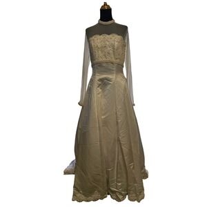 Ivory Satin Lace Illusion Neckline Long Sleeve Wedding Dress Bridal Gown Size 12